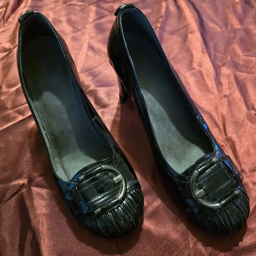 Stuart Weitzman Black Patent Leather Wedge Heels Buckle Detail 8.5